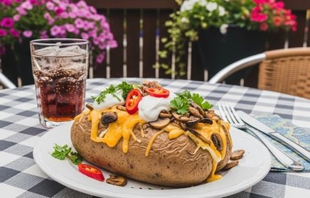 Für 1 Person: Ofenkartoffel nach Wahl mit 6 Toppings und Getränk