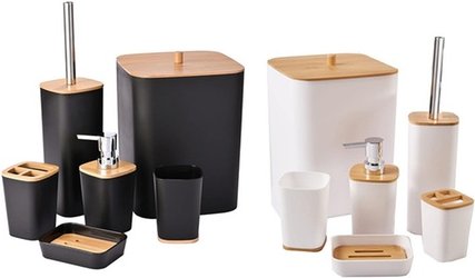 6er-Set Badezimmer-Accessoires mit Bambus: Schwarz