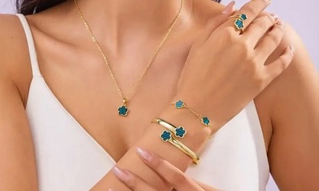 5-teiliges Schmuck-Set mit fünfblättrigem Kleeblatt-Muster: Kaffebraun