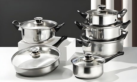 12-teiliger Edelstahl-Kochgeschirr-Set inkl. passender Glasdeckeln
