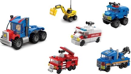 Mini-Bausteine: 4 / Bagger + LKW + Krankenwagen + Polizeiauto
