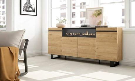 Sideboard: Grau + Schwarz / Mit Elektrokamin