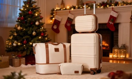 Kabinenkoffer und Kosmetik-Koffer mit Reisetasche und Kulturbeutel in Beige/Braun