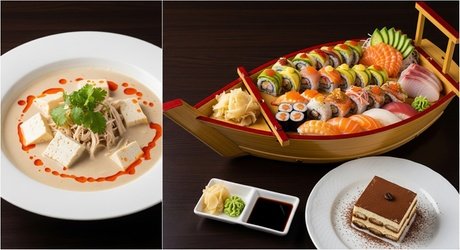 Luxury 3-Gänge-Sush-Menü für 4 Personen mit Raw-Platte Vorspeise und Nachtisch