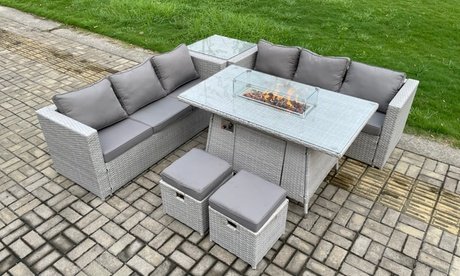 Fimous Polyrattan-Gartenmöbel-Set mit Feuerstelle