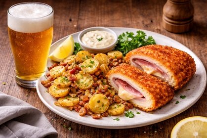 Hausmannskostmenü: Klappschwein (Cordon-bleu) inkl. Beilagen und Dessert für 1 Person