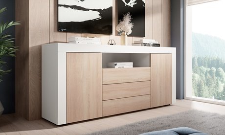 Sideboard „Yanis“: Weiß + Sonoma-Eiche