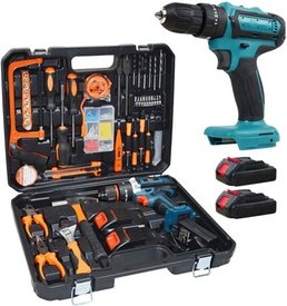 3-in-1 Bohrmaschine Akkuschrauber und Schlagbohrer mit 2 Akkus 21 V und umfangreichem Zubehör