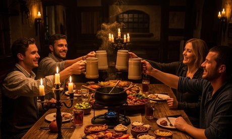 Für 2 Personen: Feuertopf-Fondue mit Fleisch Gemüse und Beilagen