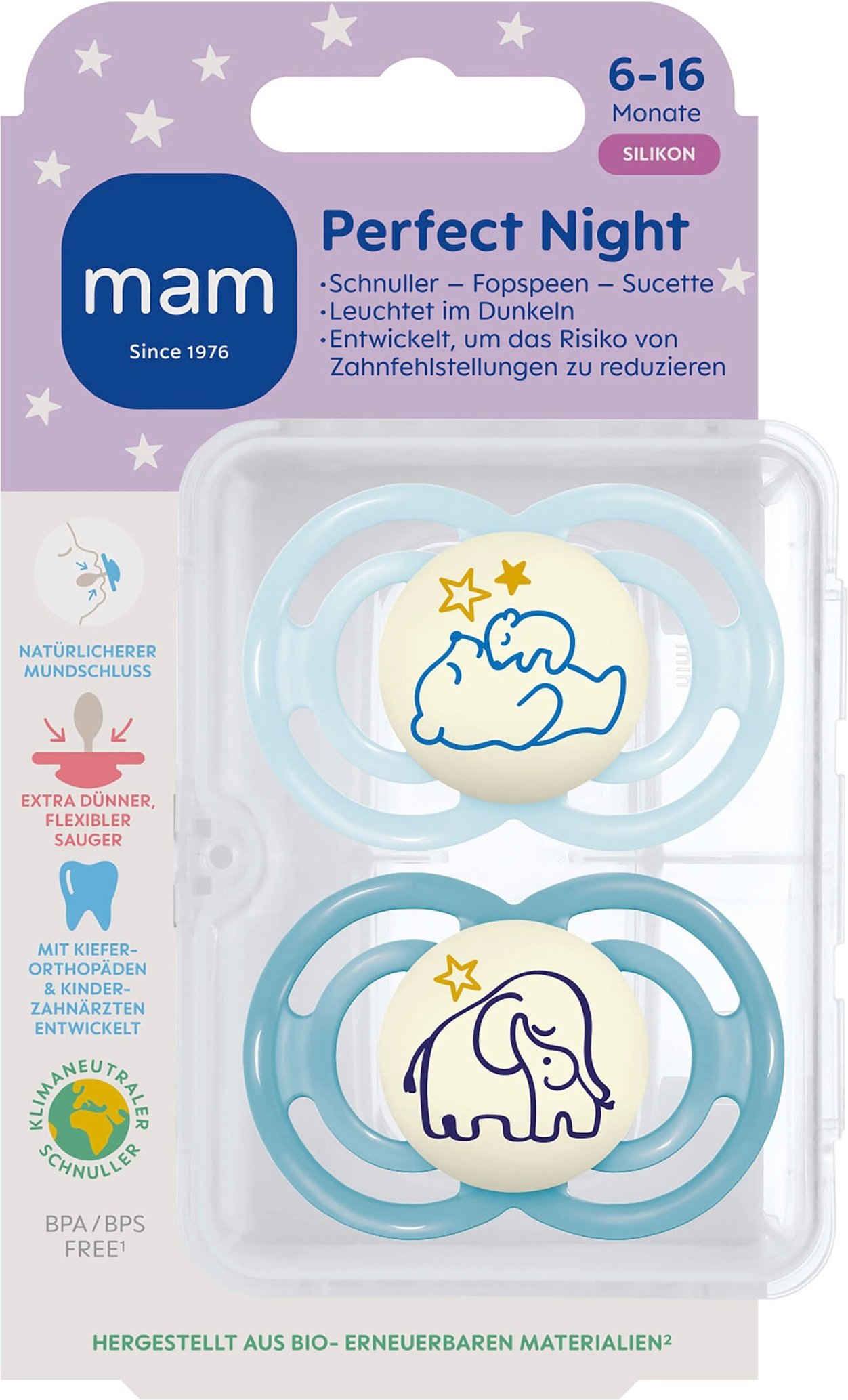 Mam 2er-Pack Schnuller Perfect Night Silikon, 6-16M