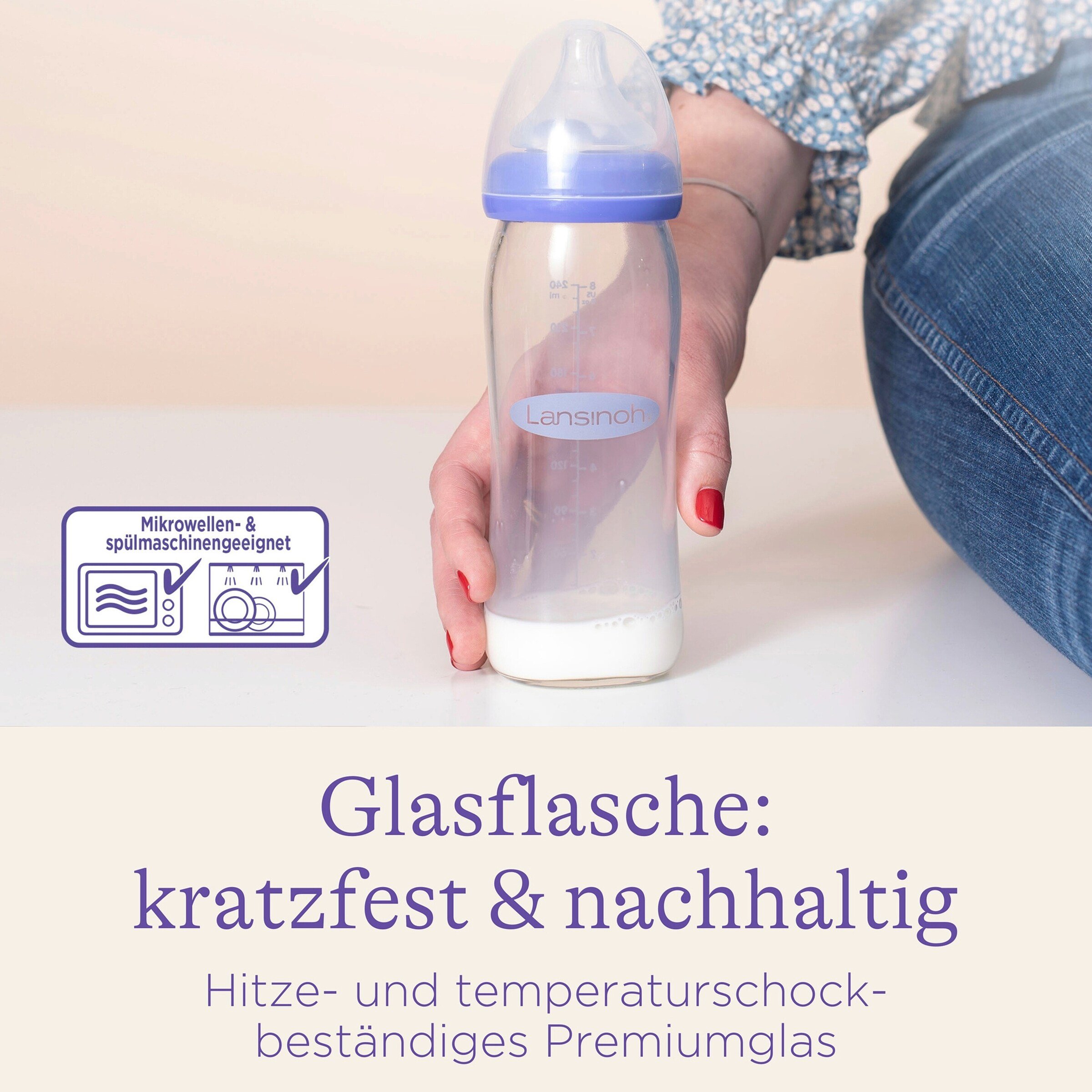 Lansinoh Babyflasche mit NaturalWave®Sauger M, Glas, Weithals, 240 ml