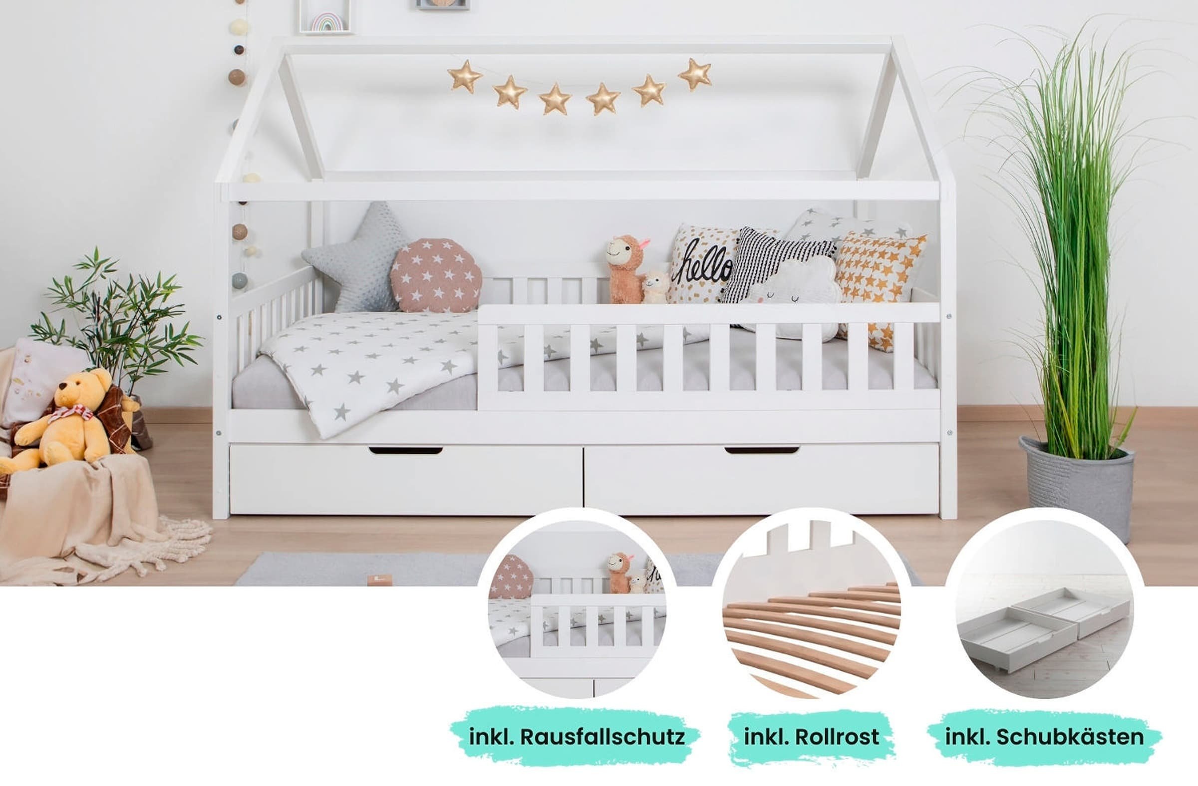 Ticaa Kinderbett Hausbett "Kay" 120x200 inkl. Schubkästen Kiefer weiß