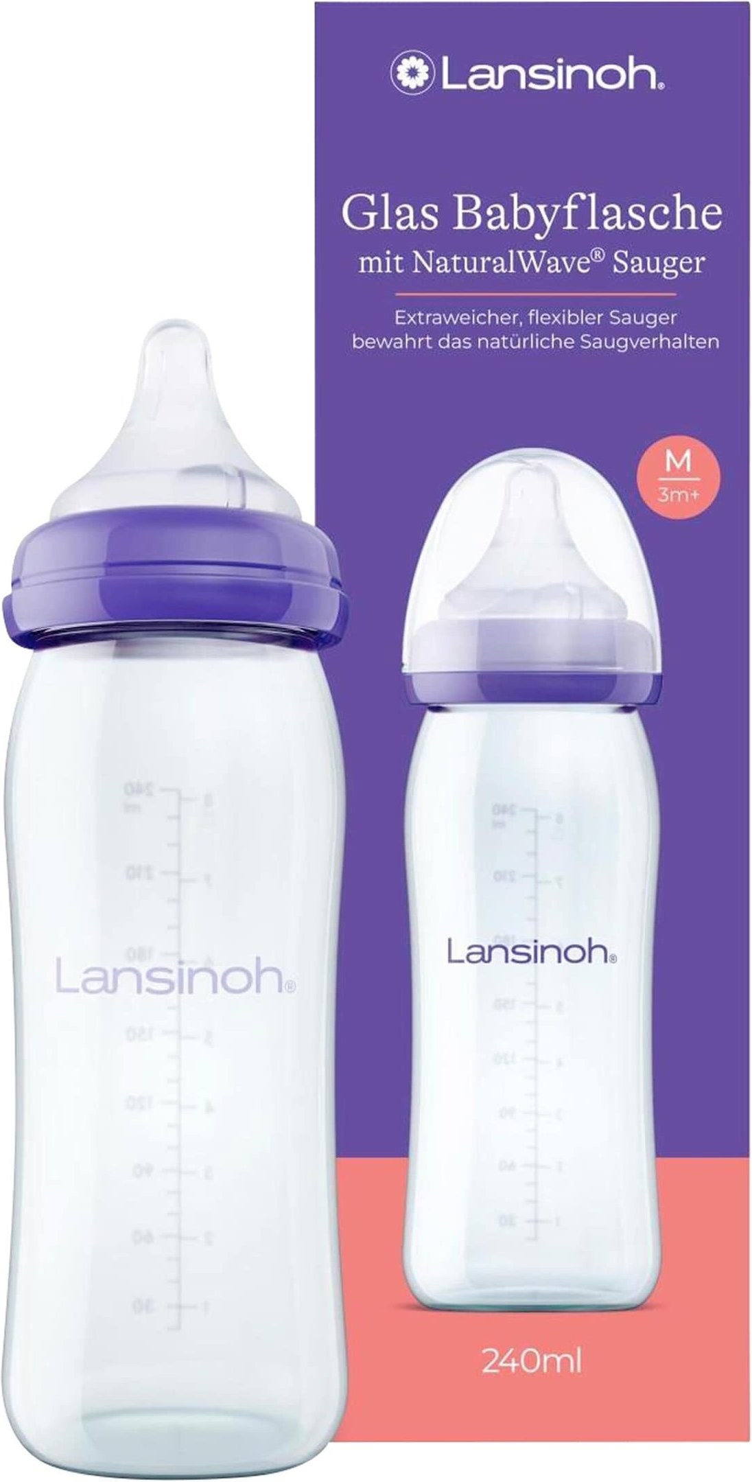 Lansinoh Babyflasche mit NaturalWave®Sauger M, Glas, Weithals, 240 ml
