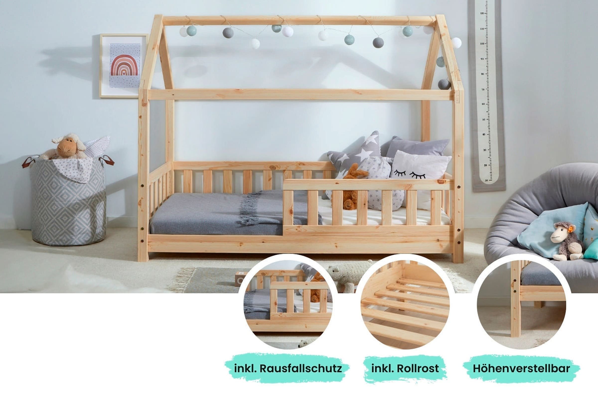 Ticaa Kinderbett Hausbett "Kay" 80x160 Kiefer natur