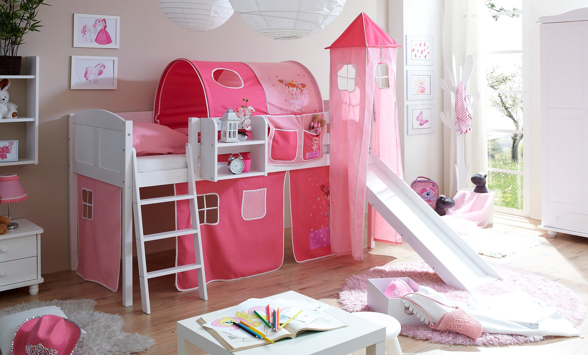 Ticaa Hochbett mit Rutsche Rutschbett mit Turm "Ekki" Country Kiefer Weiß Motiv