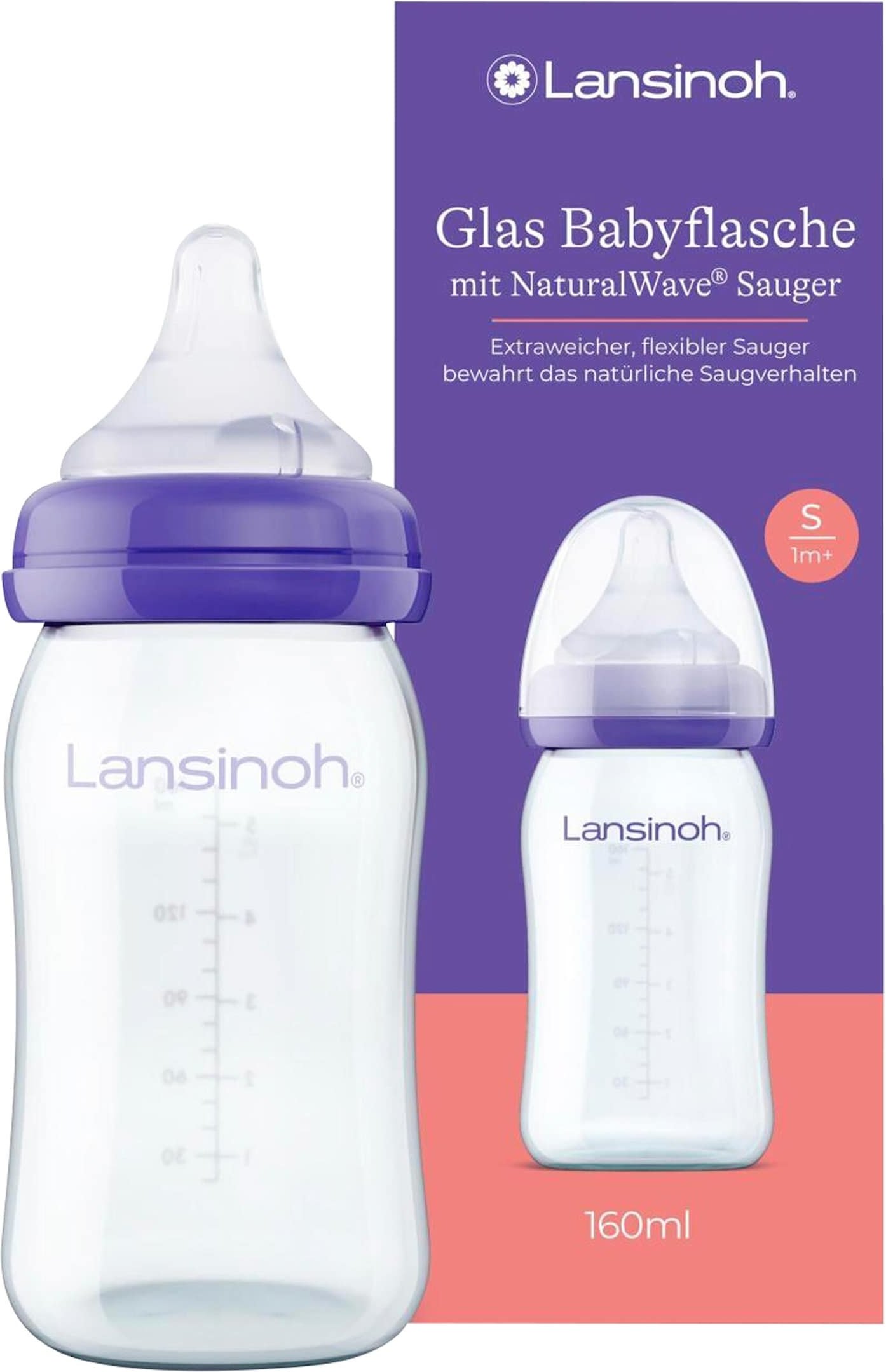 Lansinoh Babyflasche mit NaturalWave®Sauger S, Glas, Weithals, 160 ml