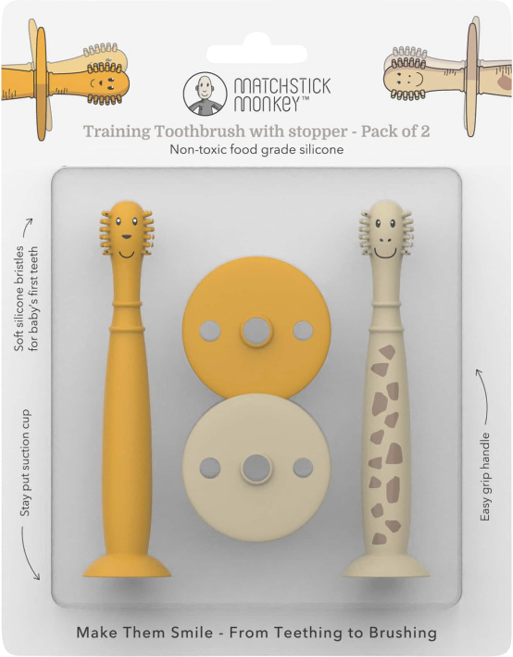 Matchstick Monkey 2er-Pack Trainingszahnbürste mit Saugnapf