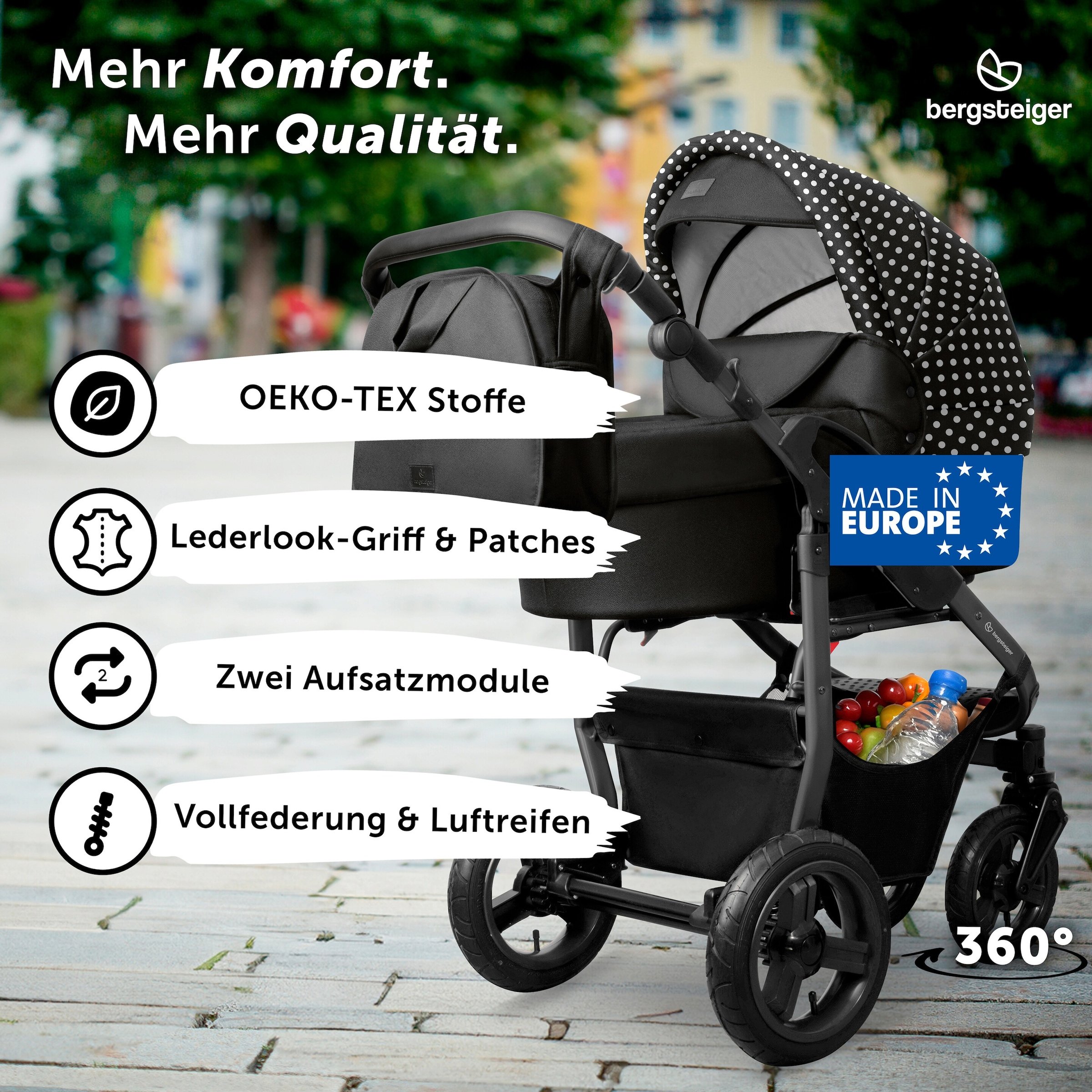 Bergsteiger Kinderwagen Capri + Babyschale + Isofix-Station schwarz