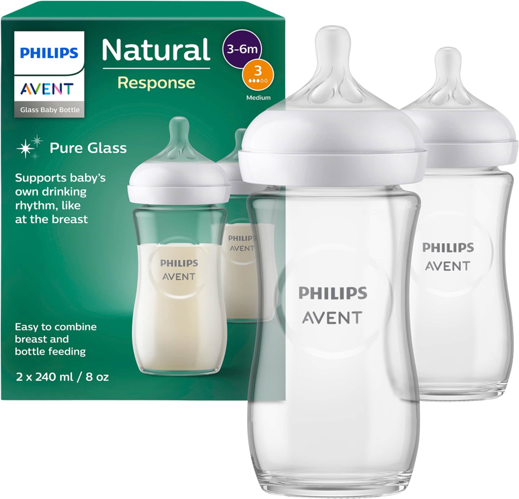 Philips Avent 2er-Pack Babyflasche Natural Response, Glas, 240ml, ab 1M