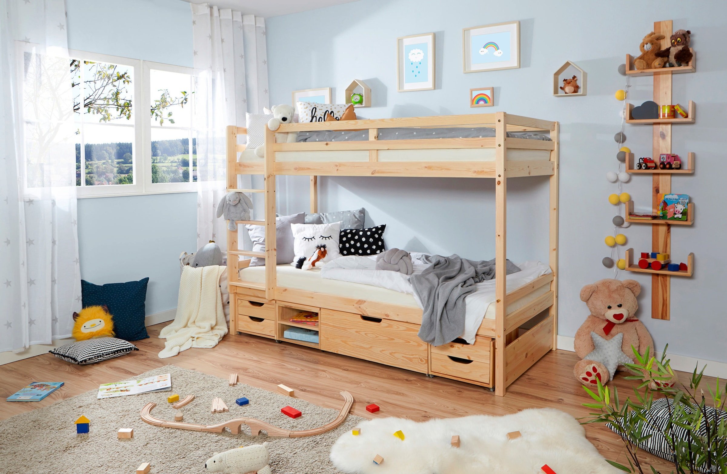 Ticaa Etagenbett Finn Natur mit 4er Funktionsschubkasten