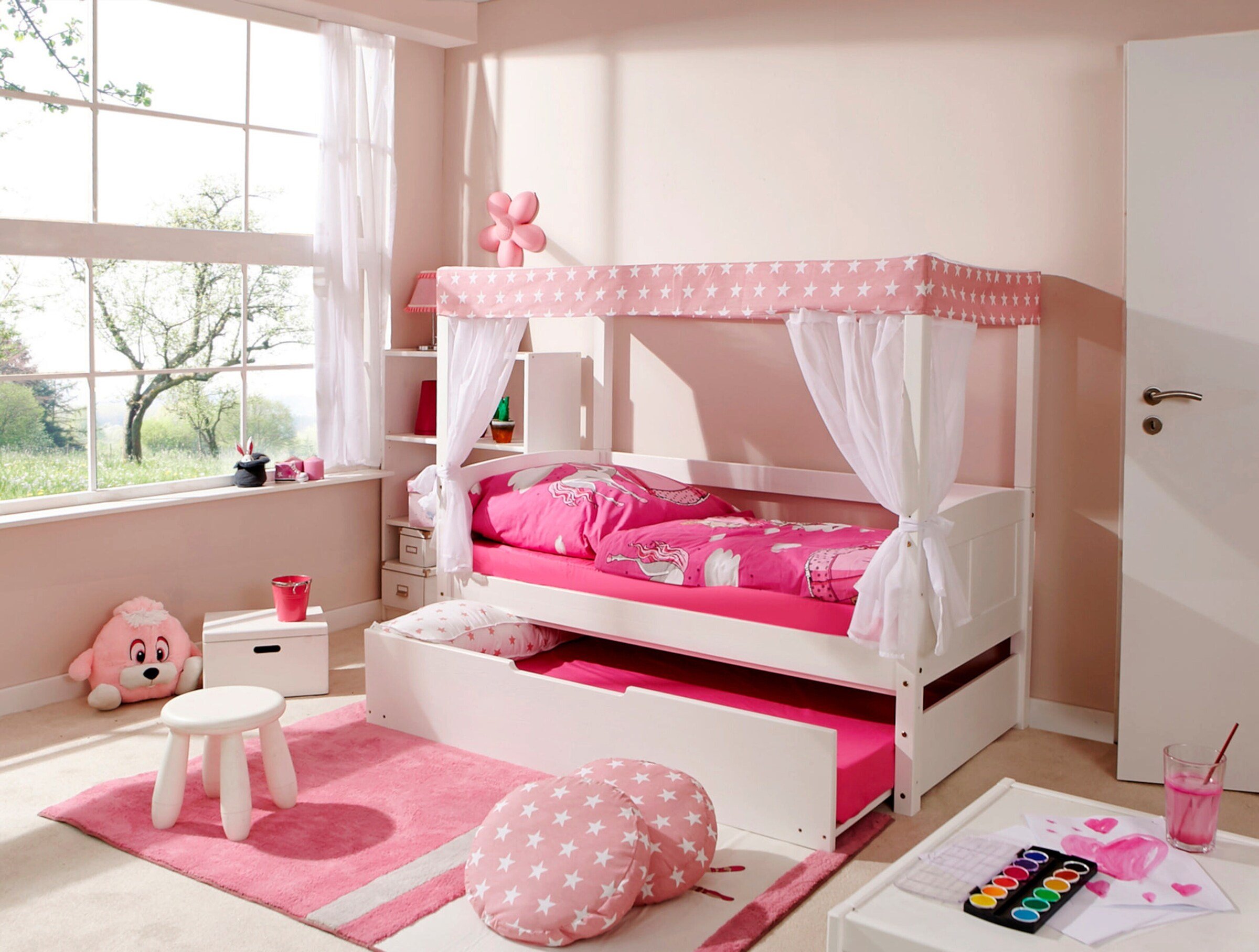 Ticaa Himmelbett Mini mit Bettkasten "Stern Rosa" Kiefer Weiß