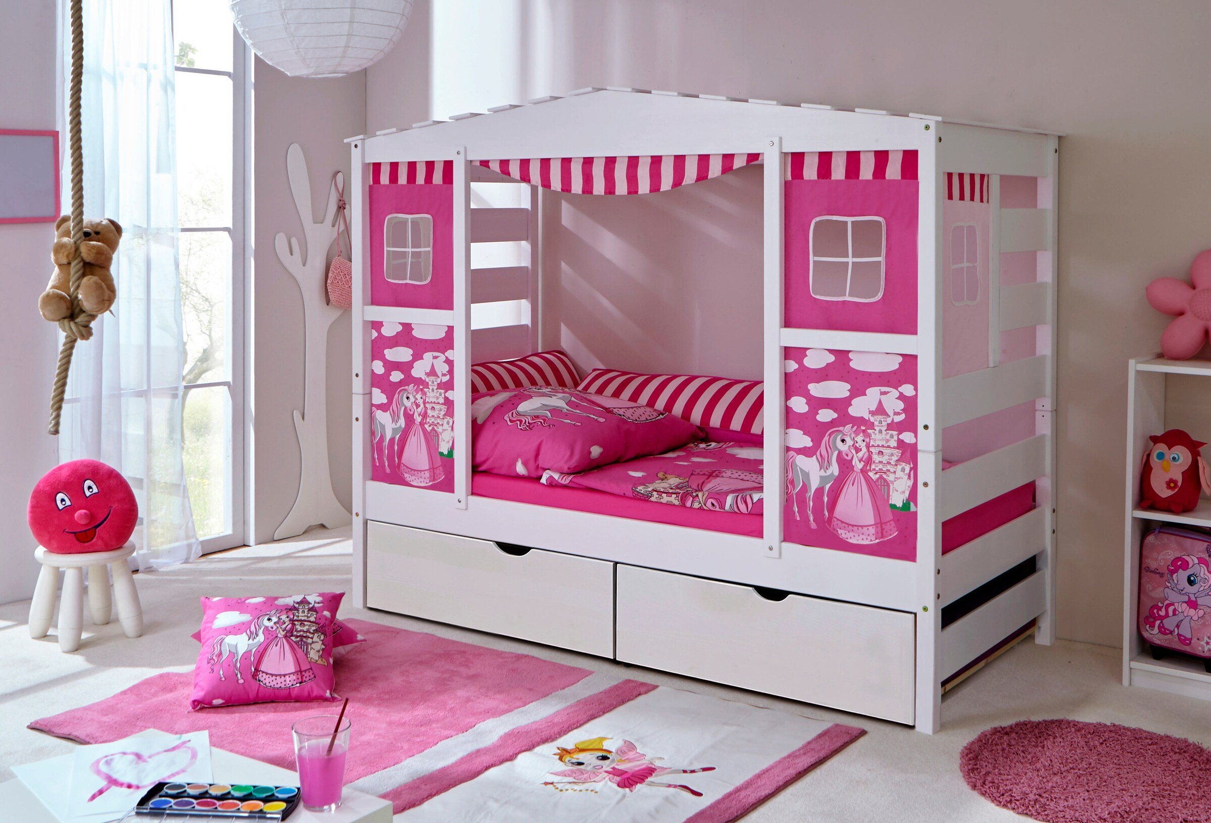 Ticaa Hausbett mit Bettkasten "Horse Rosa" Kiefer Weiß