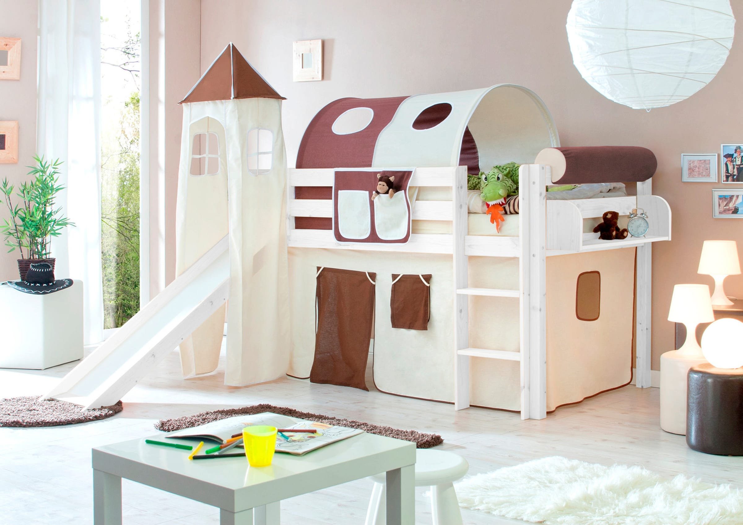 Ticaa Rutschbett mit Turm "Kasper" Kiefer Weiß Classic