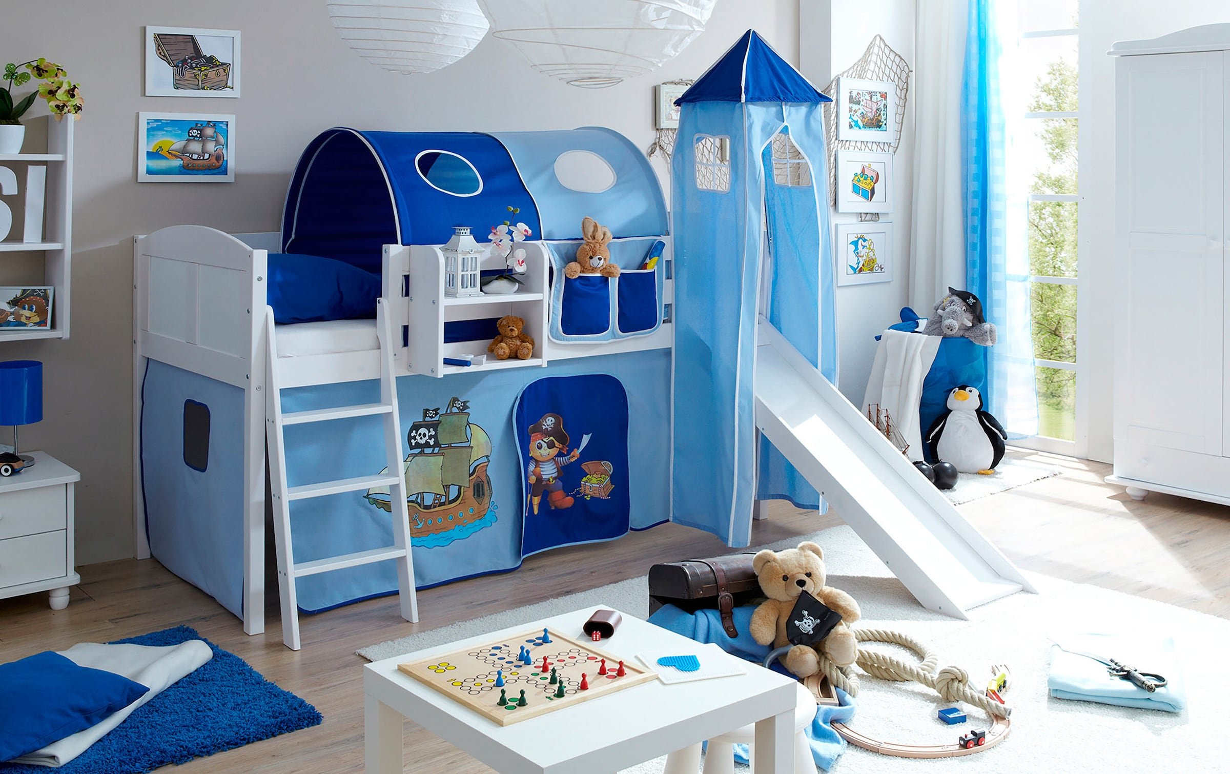 Ticaa Hochbett mit Rutsche Rutschbett mit Turm "Ekki" Country Kiefer Weiß Motiv