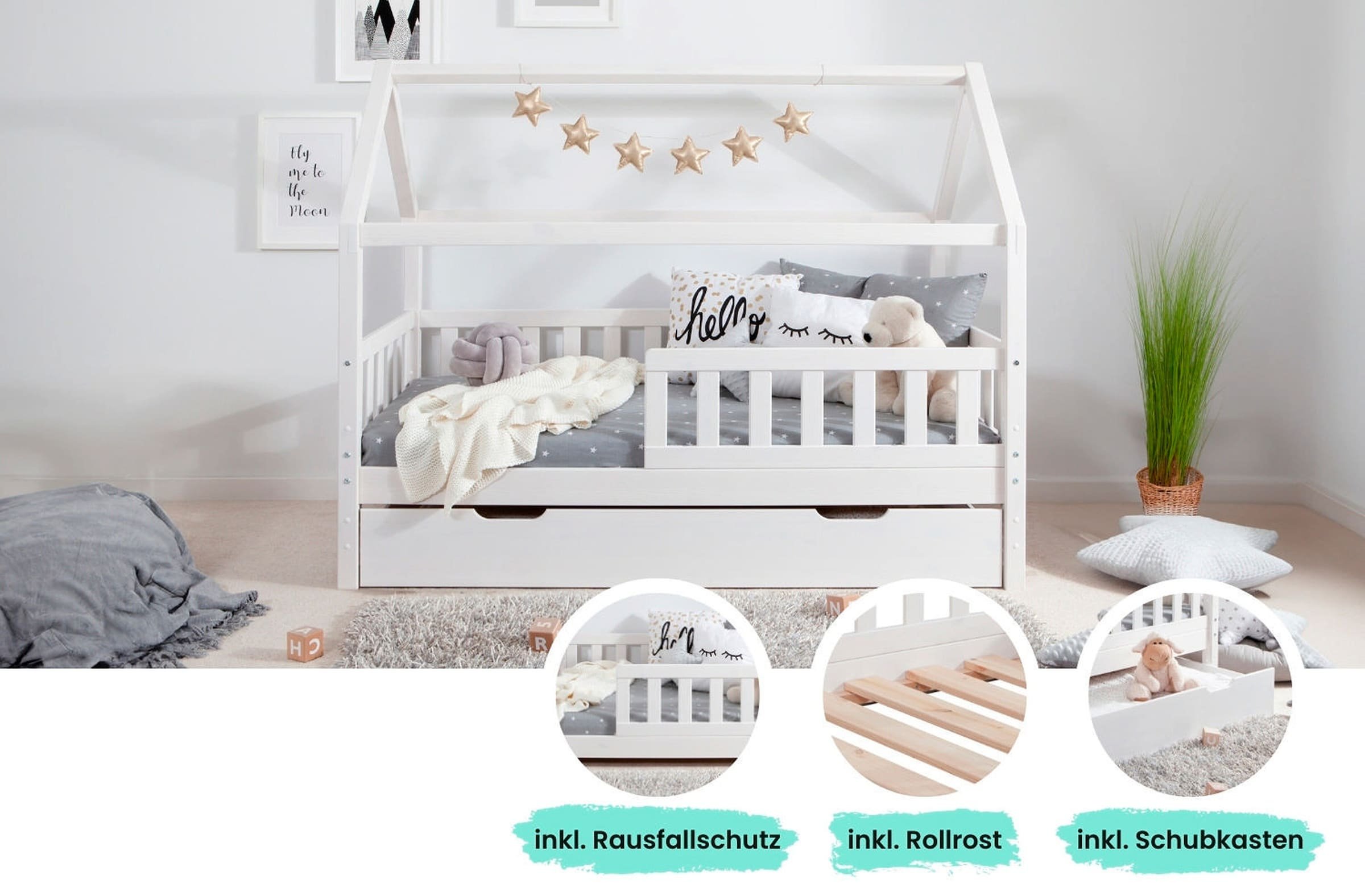 Ticaa Kinderbett Hausbett "Kay" 80x160 inkl. Schubkästen Kiefer weiß