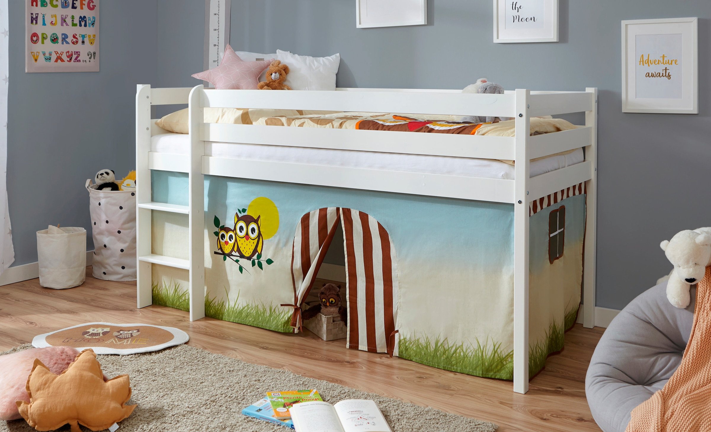 Ticaa Hochbett Kiefer Weiß Vorhang "Eule"