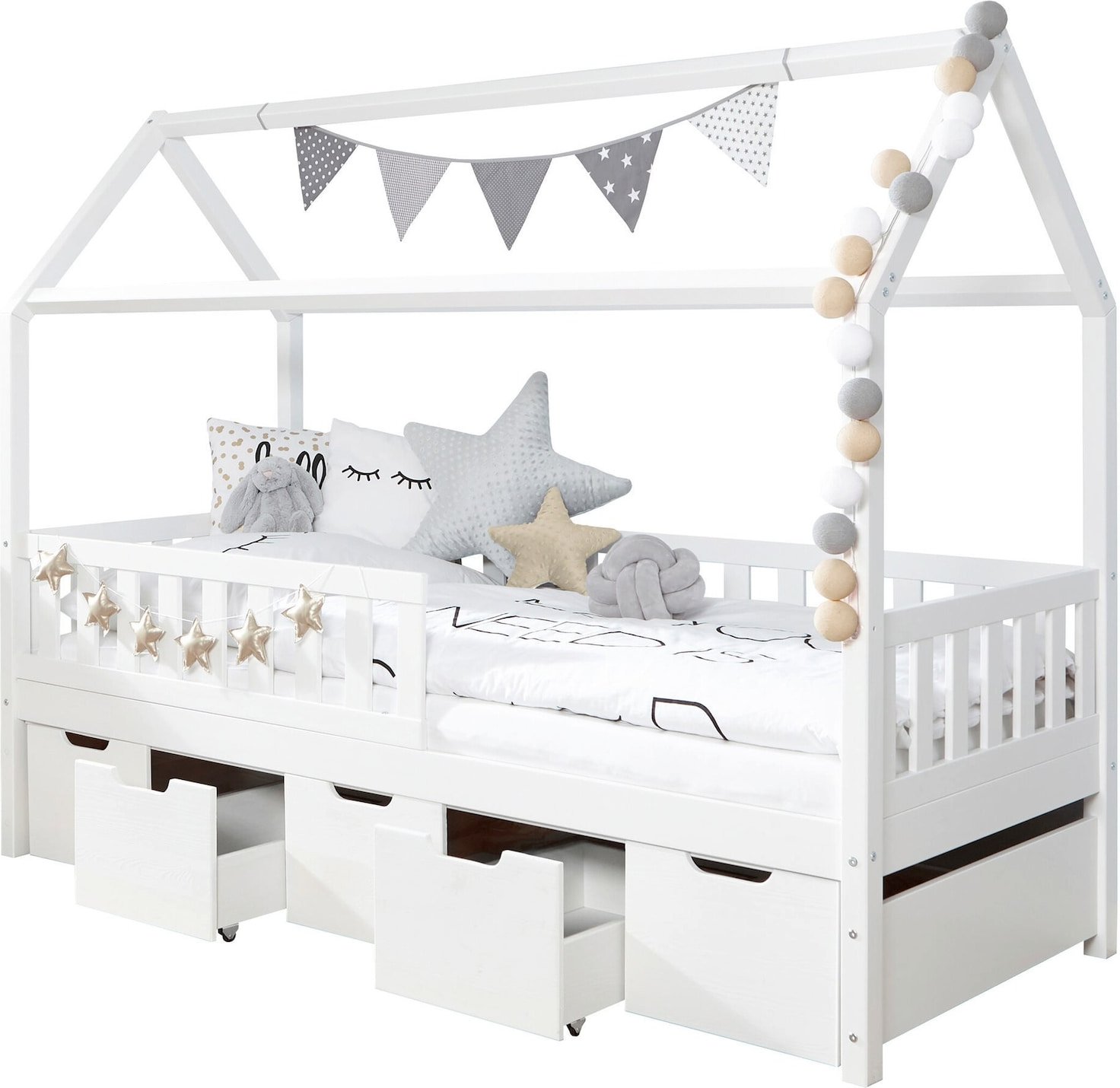 Ticaa Hausbett "Traumhaus" mit 5er Schubkästen Kiefer Weiß