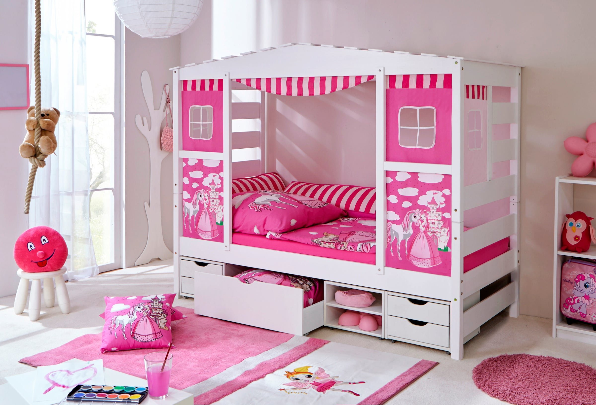 Ticaa Hausbett mit Bettkasten "Horse Rosa" Kiefer Weiß