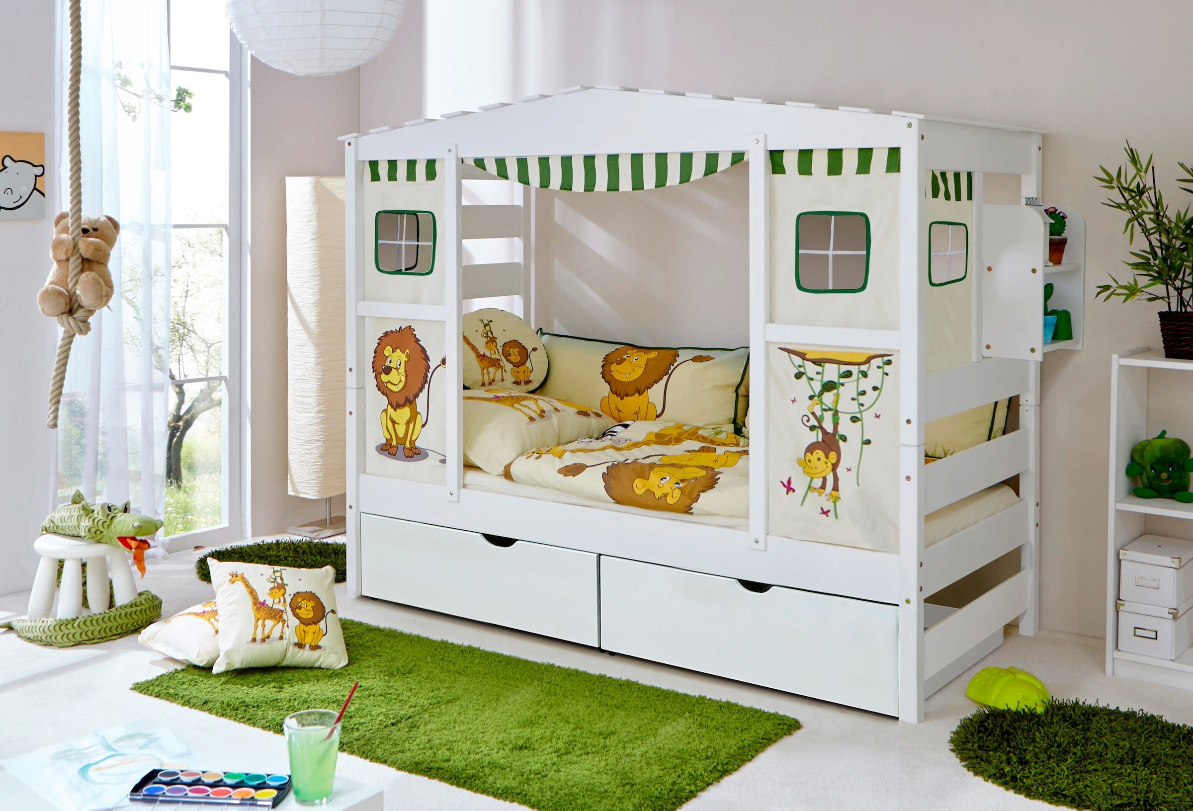 Ticaa Hausbett mit Bettkasten "Safari" Kiefer Weiß