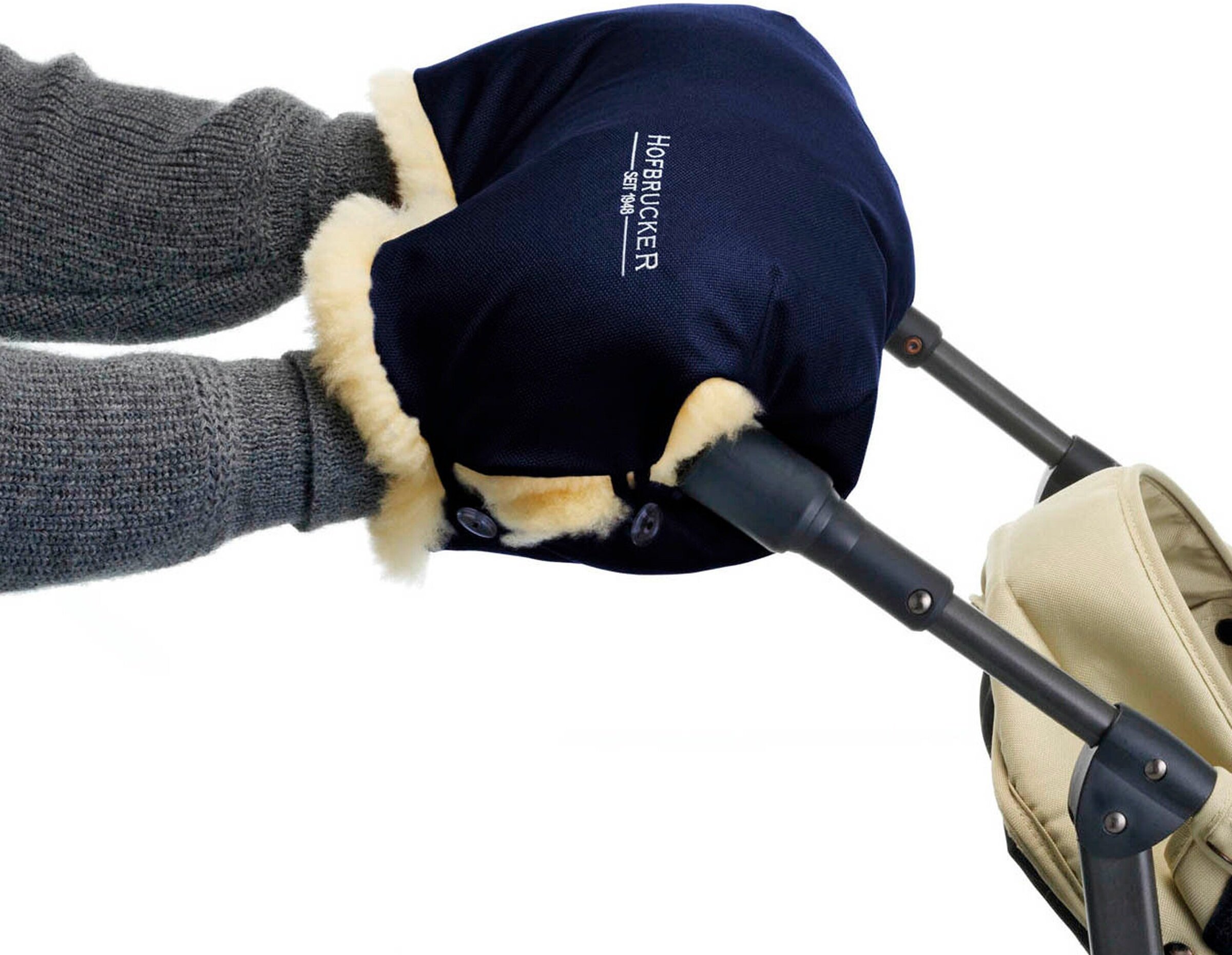 Hofbrucker Lammfell-Handwärmer für Kinderwagen Lammfell Handmuff blau