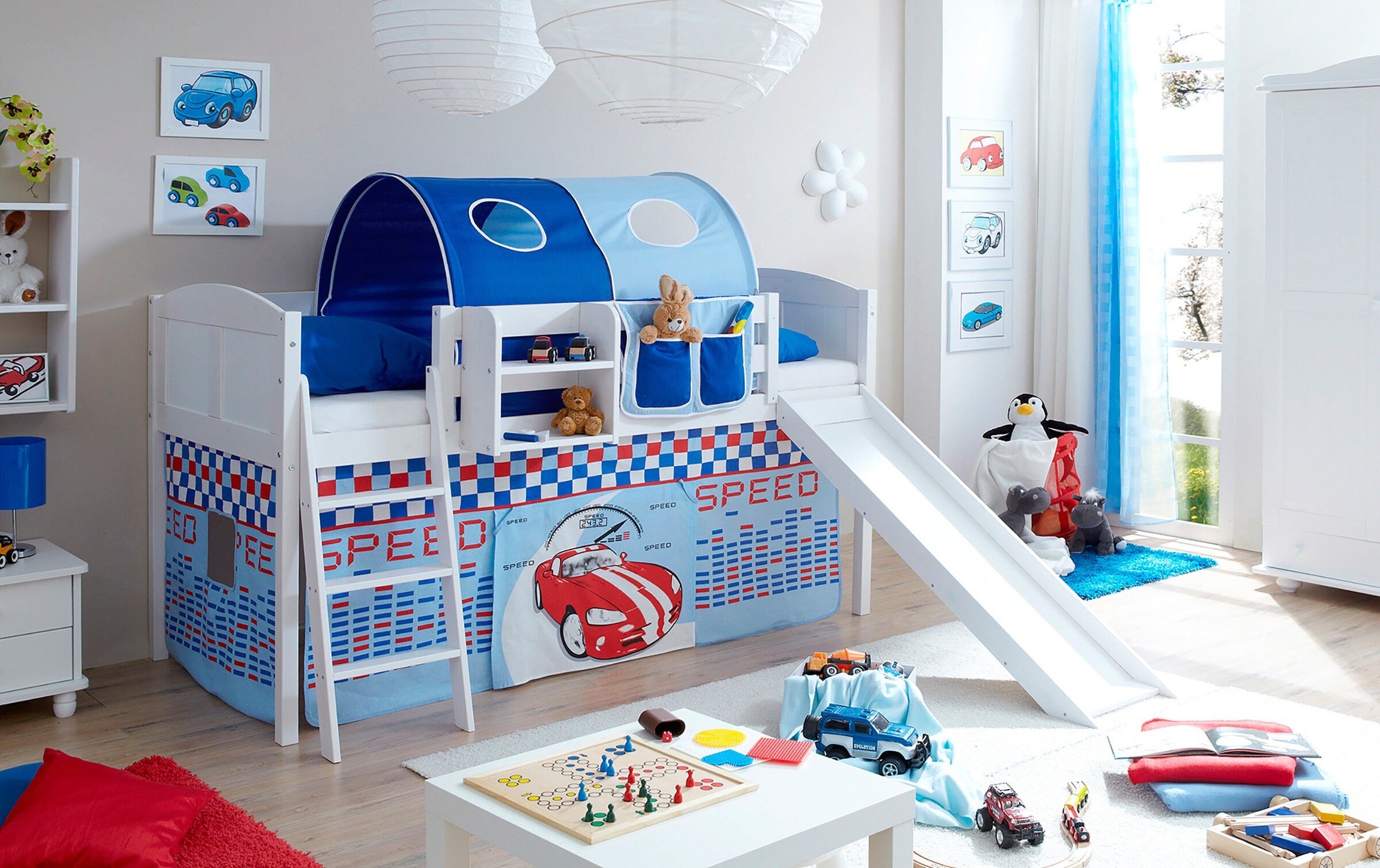 Ticaa Hochbett mit Rutsche Rutschbett "Ekki" Country Kiefer Weiß Motiv