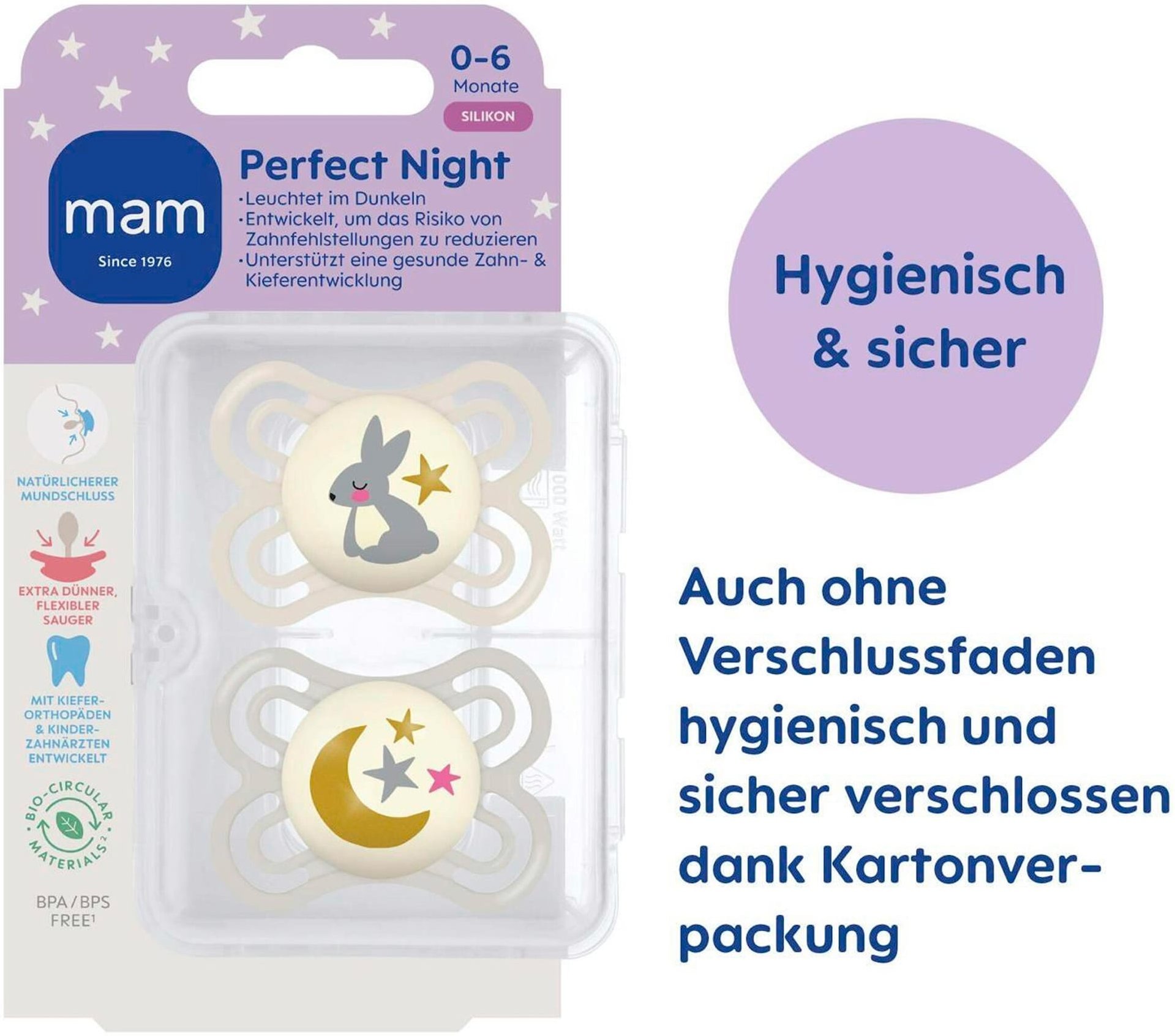 Mam 2er-Pack Schnuller Perfect Night Silikon, 0-6M