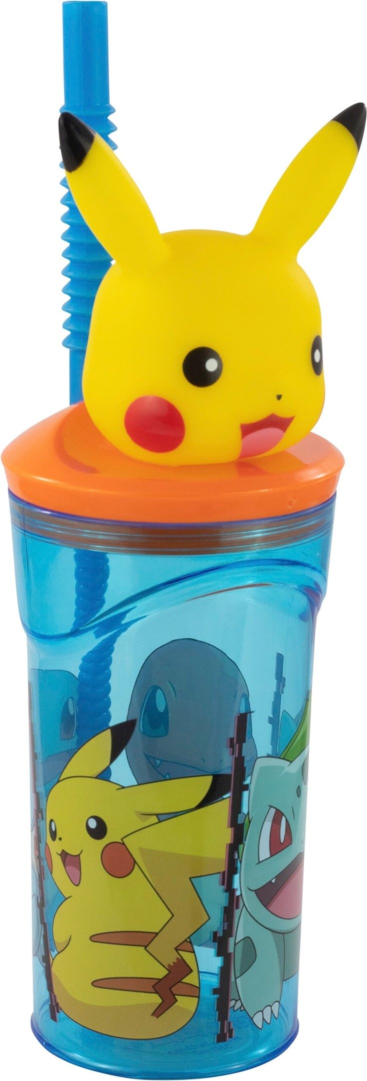 P:Os Pokémon Trinkbecher mit Strohhalm und 3D-Figur Pikachu, 360 ml