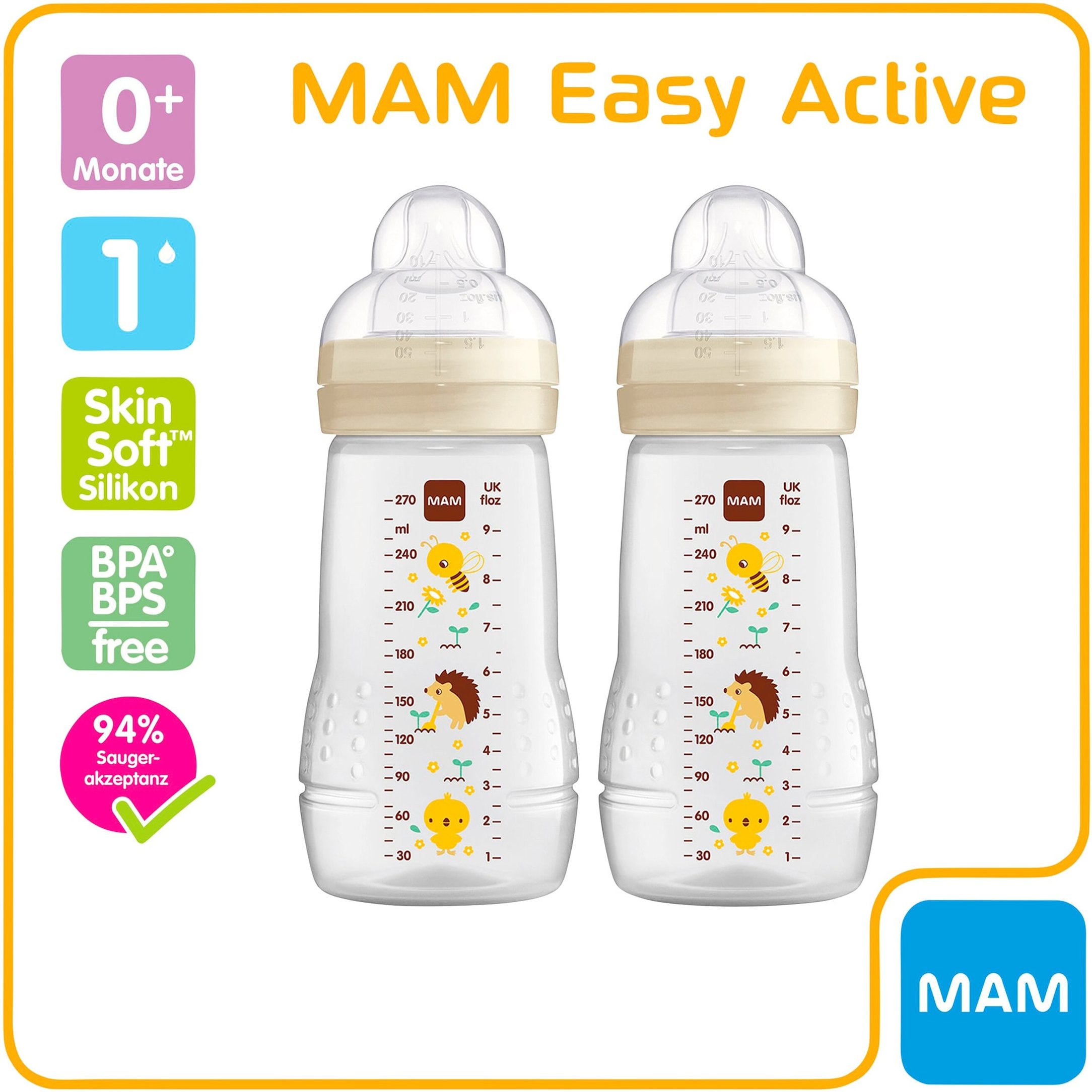 Thumbnail - Mam 2er-Pack Babyflaschen Easy Active, Weithals, 270 ml, ab 0M