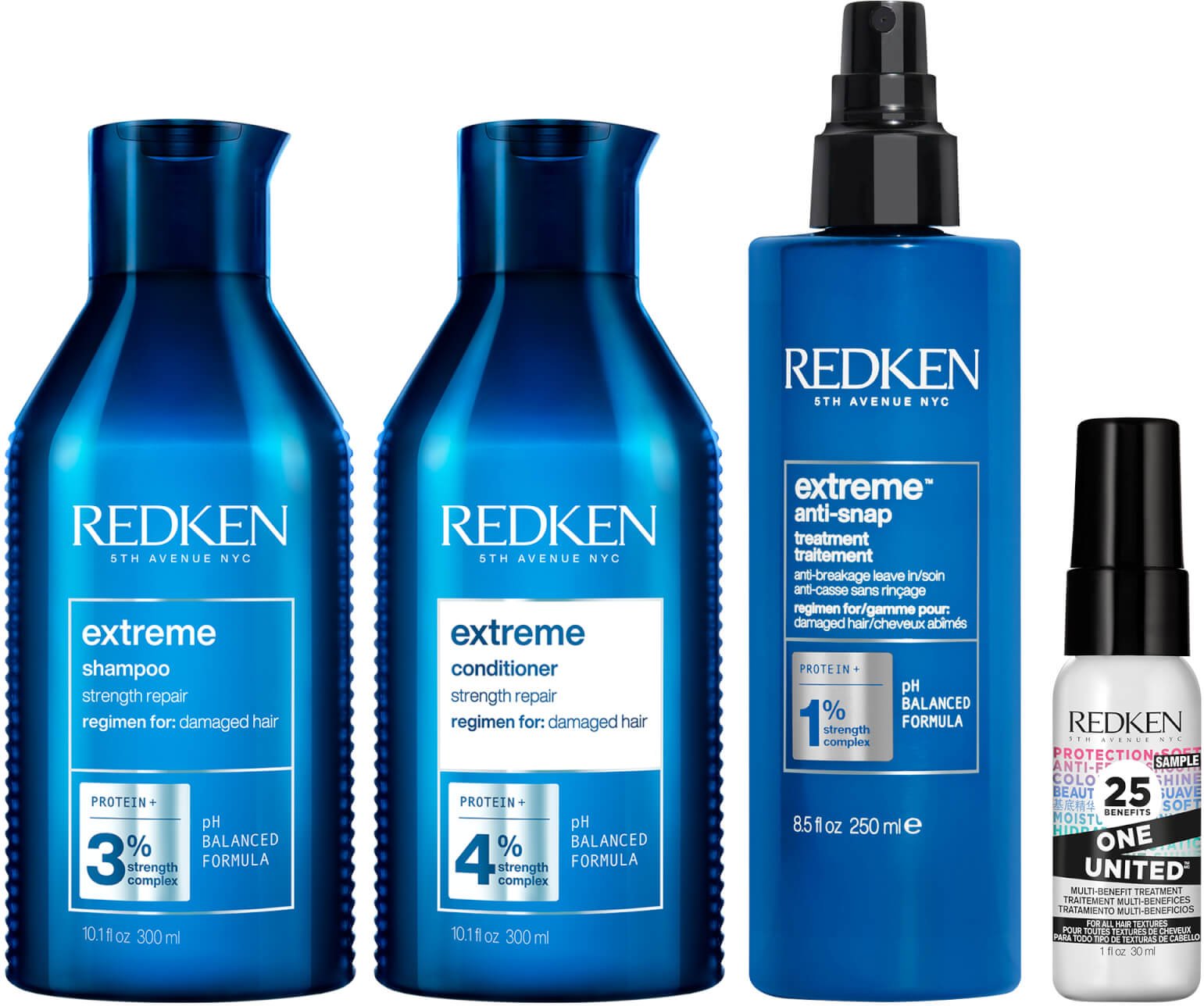 Redken Extreme Shampoo 300ml, Conditioner 300ml, Anti Snap 250ml and One United 30ml Routine Bundle for Damaged Hair