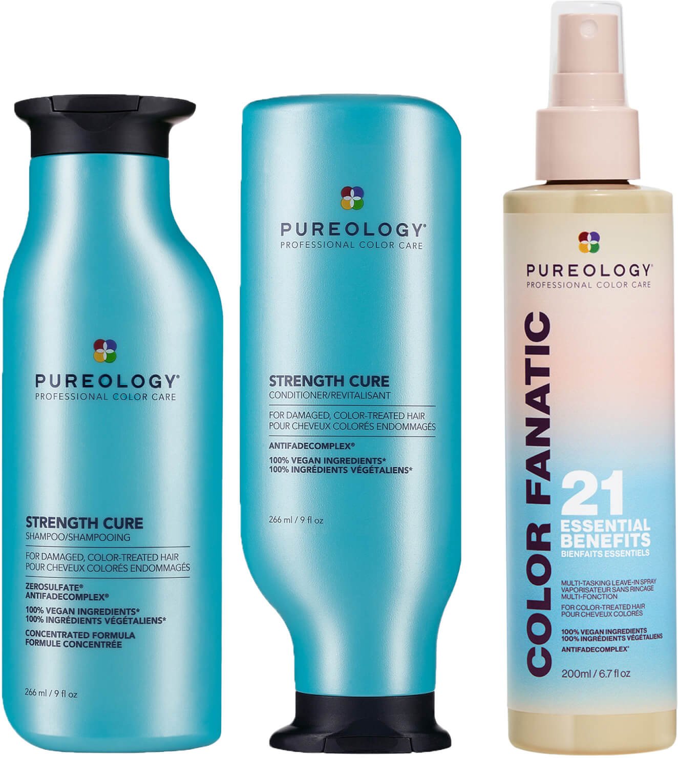 Pureology Strength Cure Shampoo, Conditioner and Color Fanatic Spray Routine for Damaged Hair