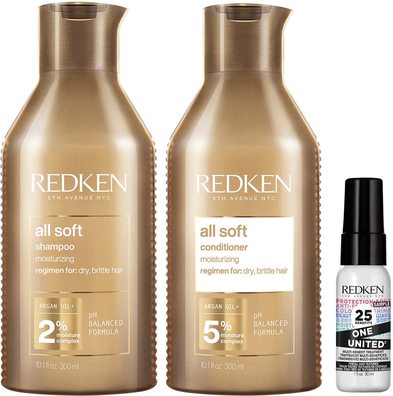 Redken All Soft Shampoo 300ml, Conditioner 300ml, and One United Mini 30ml
