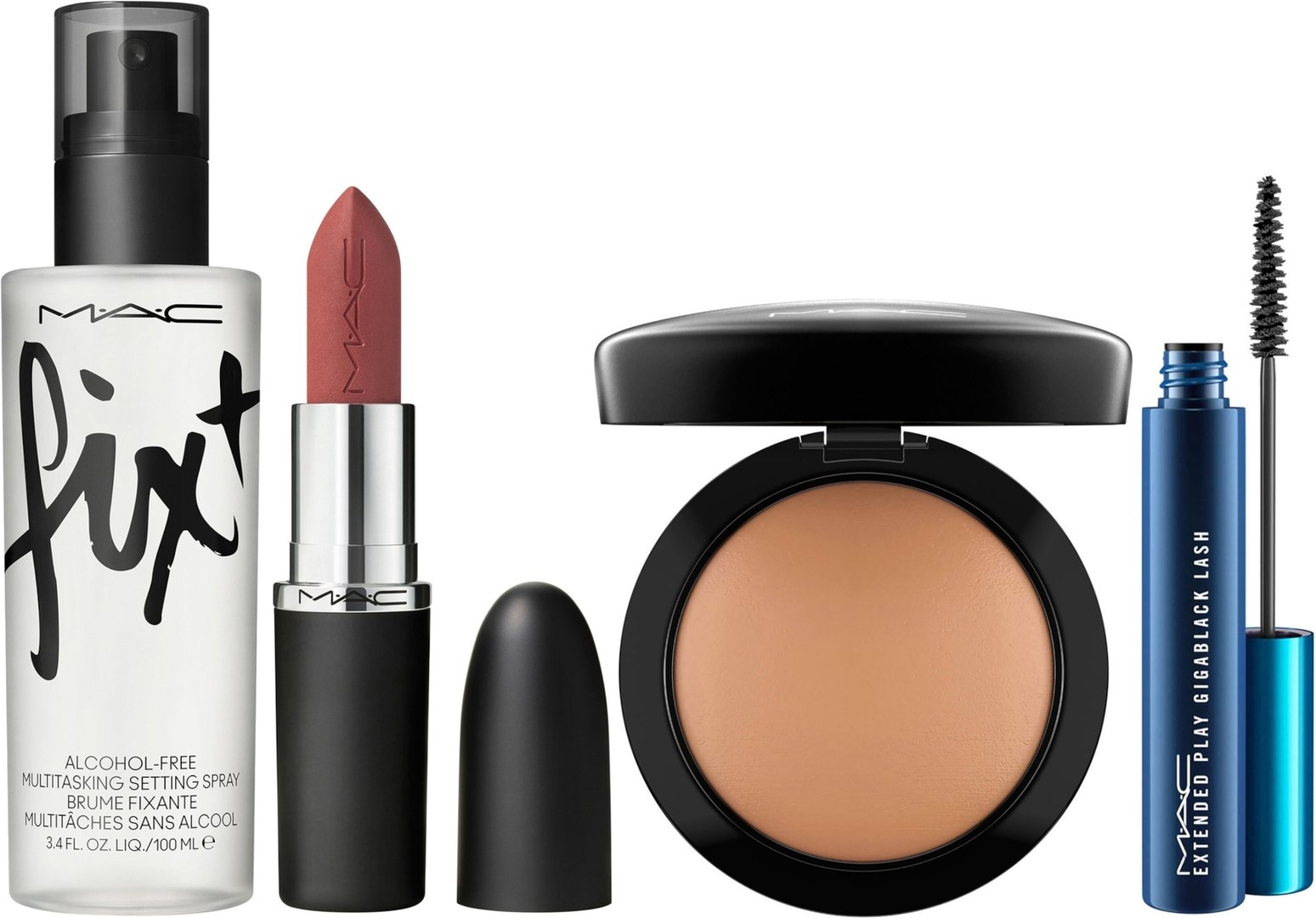MAC HEROES MACximal Lipstick Velvet Teddy, Min. Skinfinish Give Me Sun, Fix + Original 100ml and MACStack Black Mascara ...