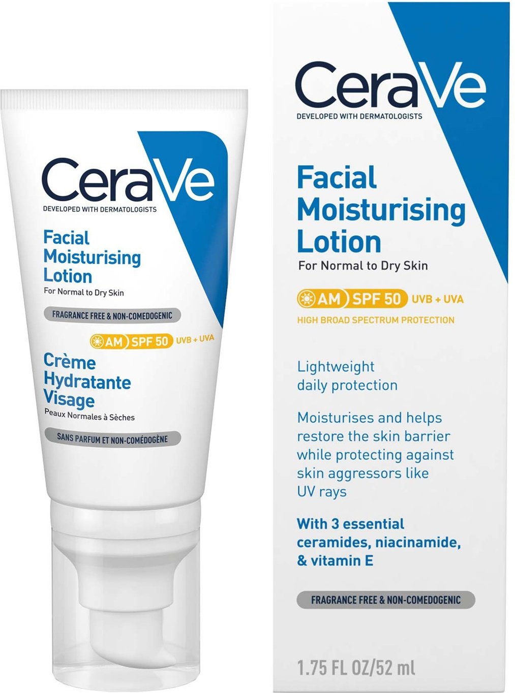 CeraVe AM Facial Moisturising Lotion SPF50 for Normal to Dry Skin 52ml