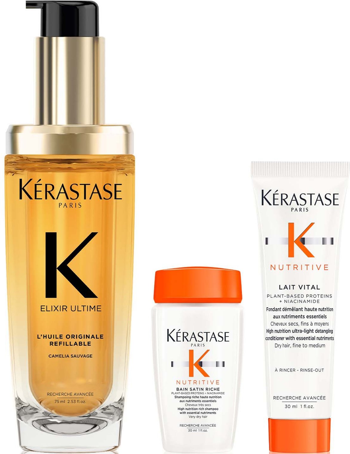 Kérastase Elixir Ultime L'Huile Originale Hair Oil 75ml with Mini Deluxe Nutritive Shampoo 30ml and Conditioner 30ml Duo