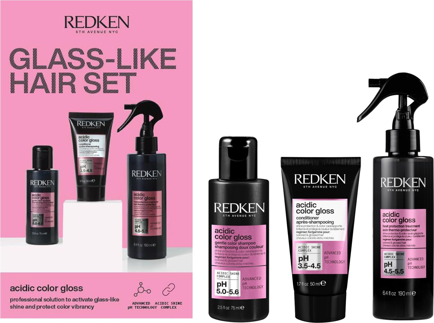 Redken Acidic Color Gloss Discovery Set, Heat Protection Hair Treatment 190ml, Shampoo 75ml , Conditioner 50ml