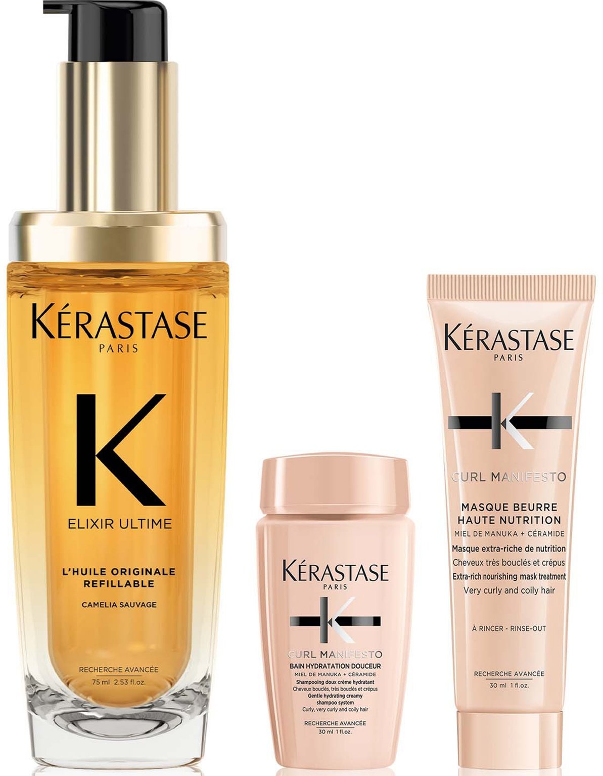 Kérastase Elixir Ultime L'Huile Originale Hair Oil 75ml with Mini Deluxe Curl Manifesto Shampoo 30ml and Mask 30ml Duo