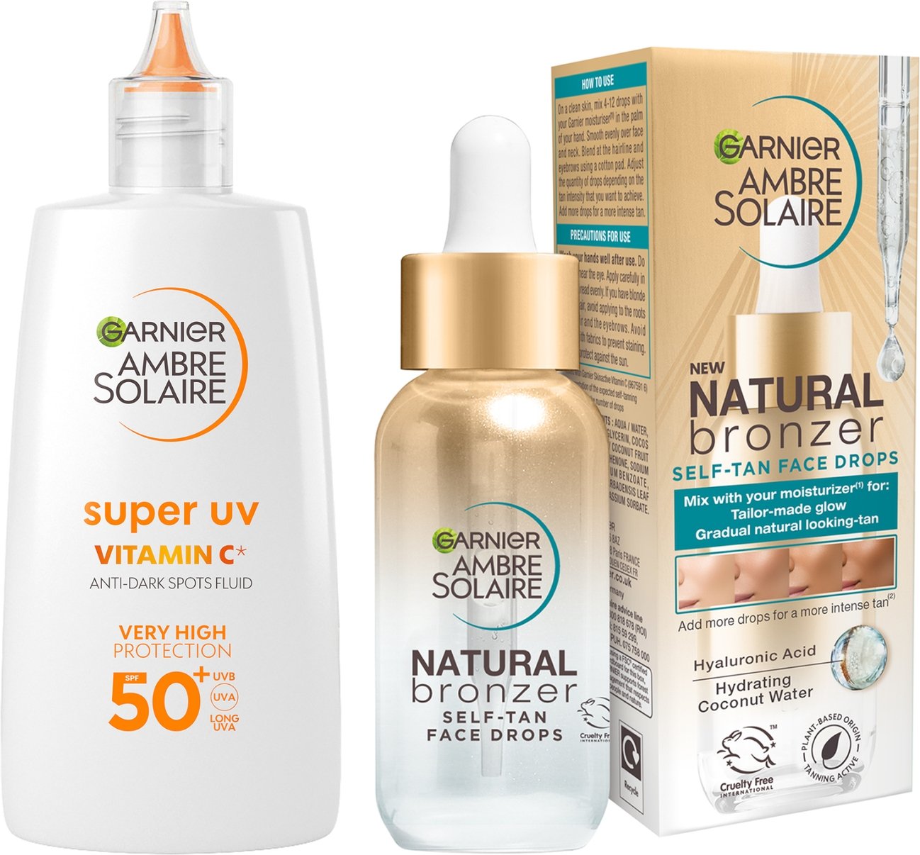 Garnier Glow and Protect Duo: Natural Bronzer Self-Tan Drops and Ambre Solaire Vitamin C Facial SPF50+ Fluid