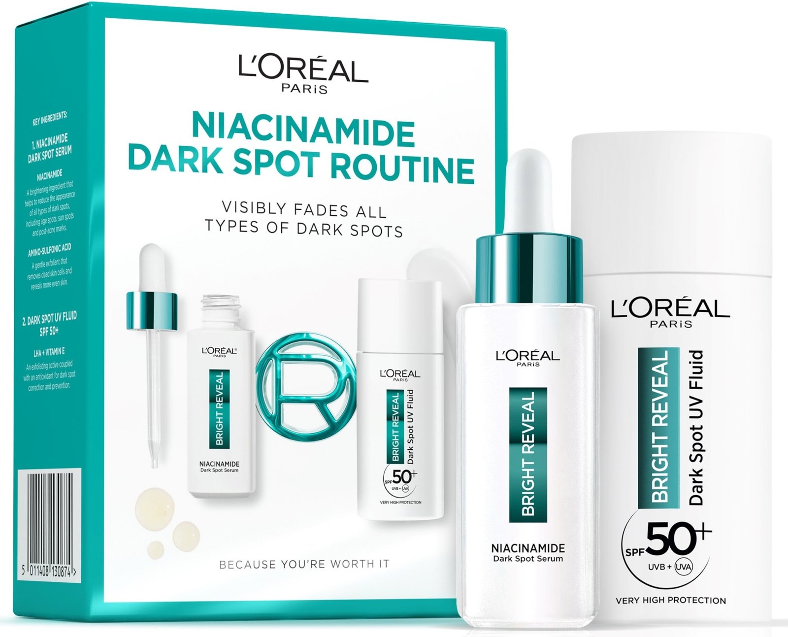 L'Oréal Paris Bright Reveal Nicotinamid-Dunkle-Flecken-Routine mit Serum and UV-Fluid LSF 50+