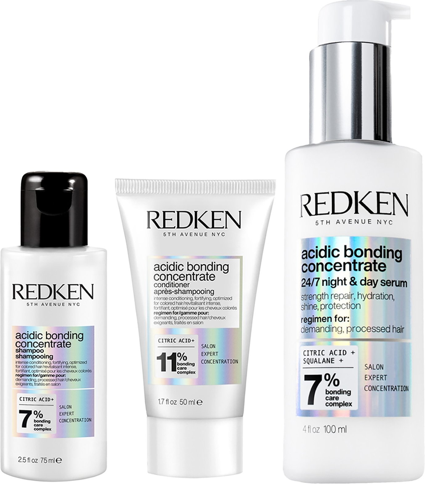 Redken Acidic Bonding Concentrate Shampoo 75ml, Conditioner 50ml and 24/7 Night and Day Serum 100ml