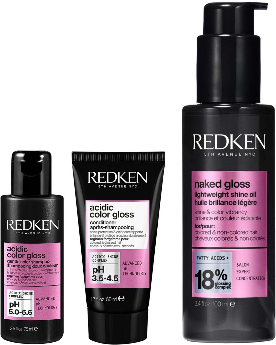 Redken Acidic Color Gloss Shampoo Mini 75ml , Conditioner Mini 50ml and Naked Gloss Hair Oil 100ml Bundle